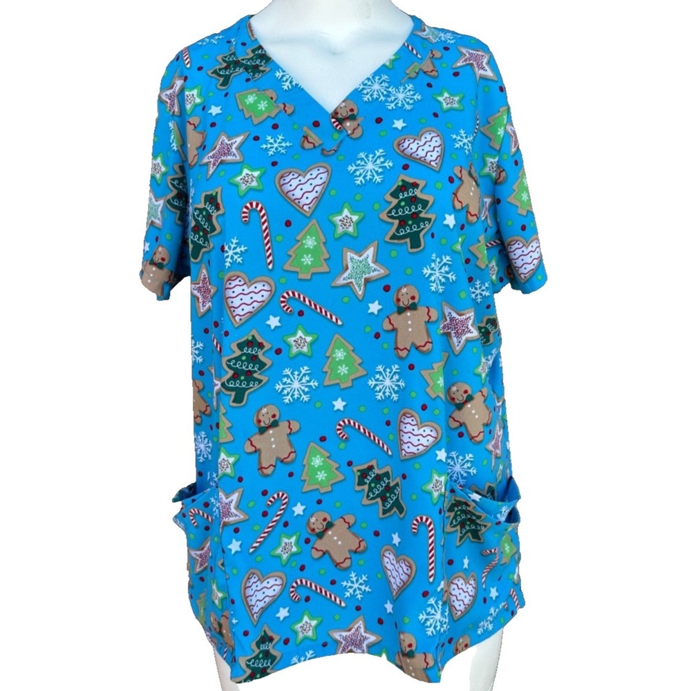 Strictly Scrubs Winter Treats Top Womens Large Turquoise V Neck 4 Pocket Utility